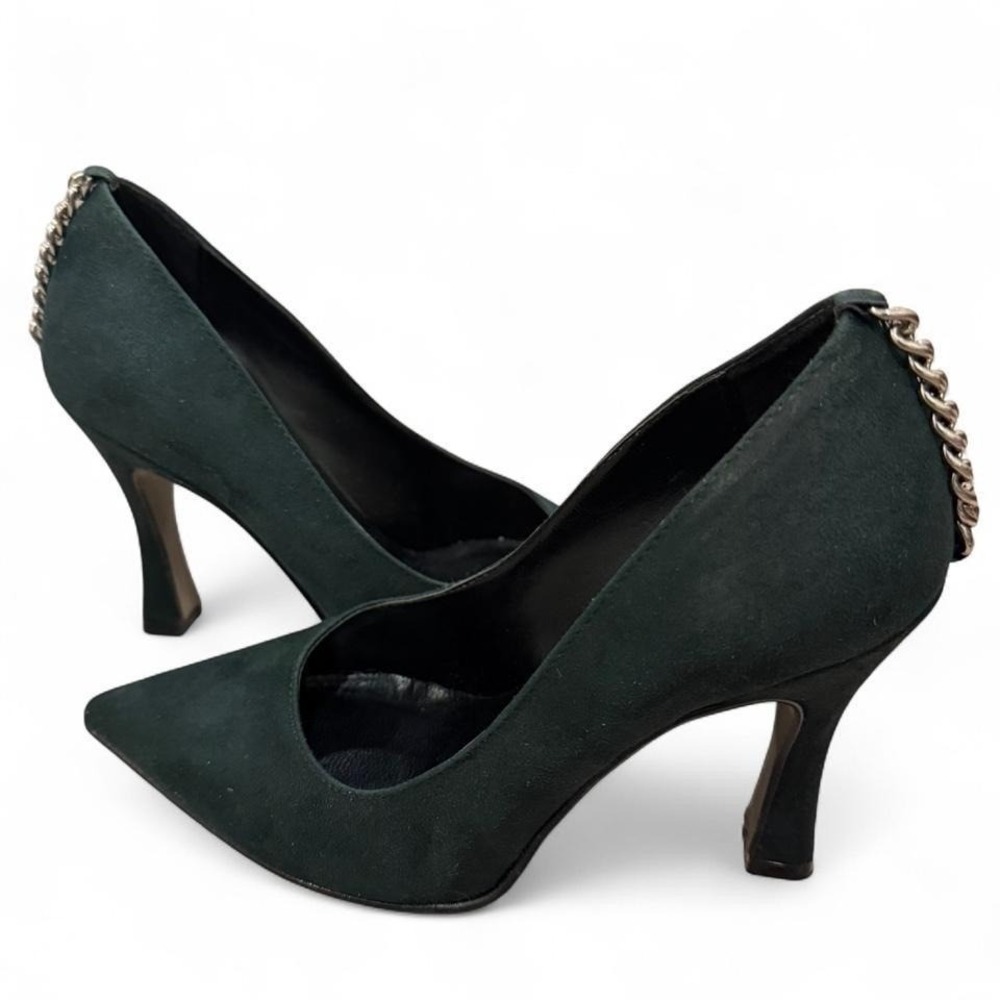 Nila & Nila Dark Green Suede Pointed Toe Chain Heel Pumps Made in Italy Size 35